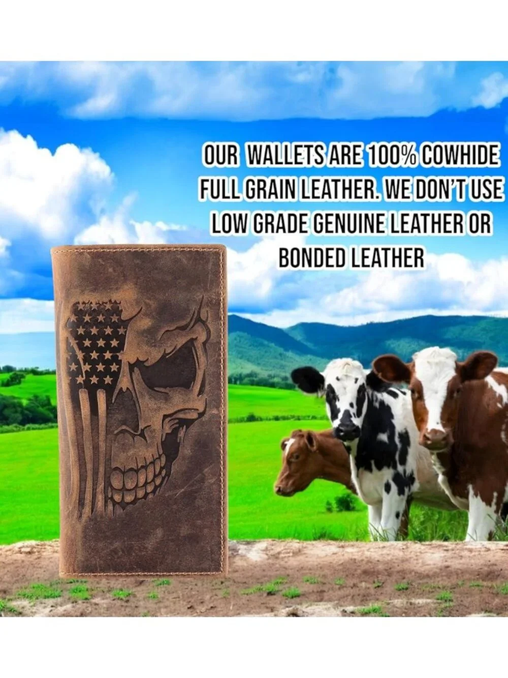 Vintage Genuine Leather Men's Bifold Wallet with RFID Protection, Brown Skull